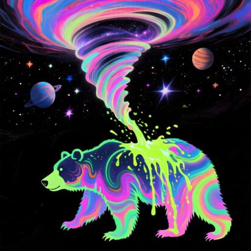 Grizzly Bear Silhouette Filled With Neon Paint Swirls