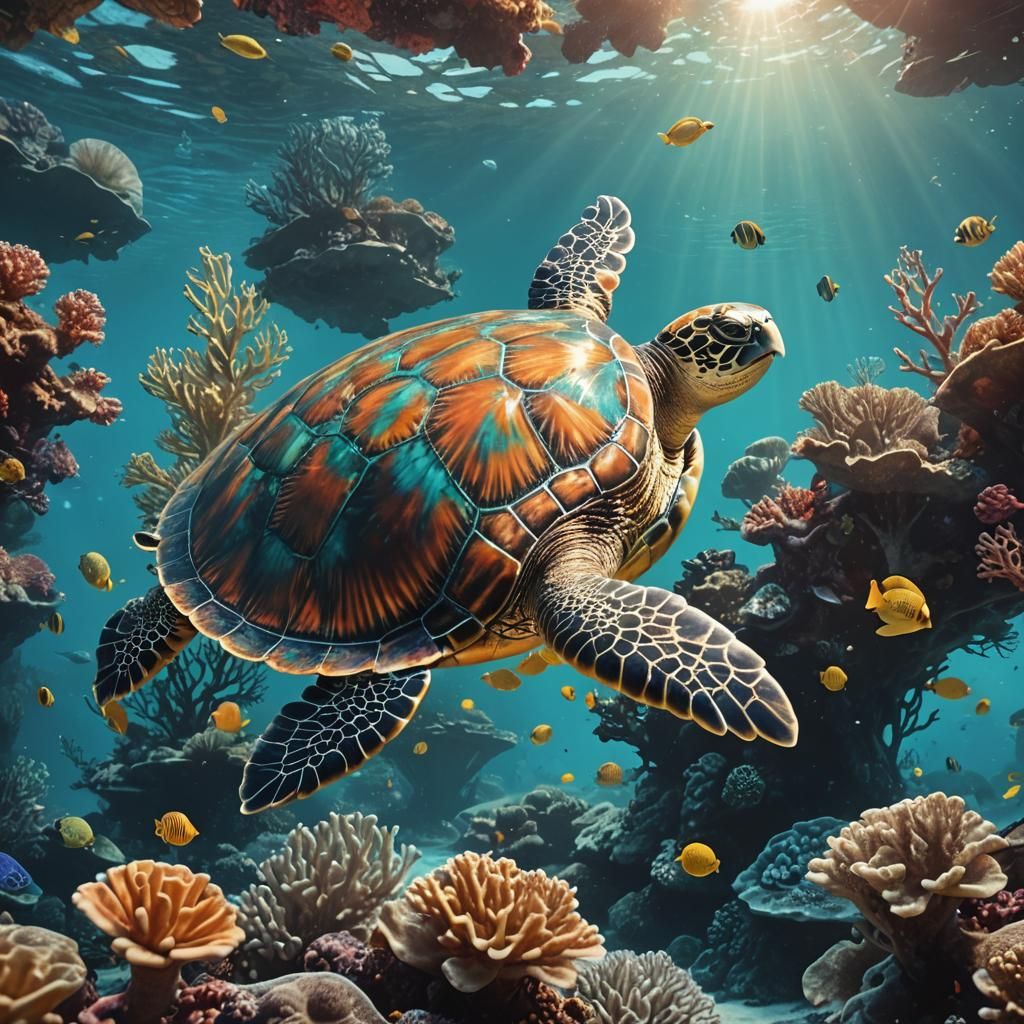 Sea Turtle Swims Among Vibrant Coral: Digital Matte Painting