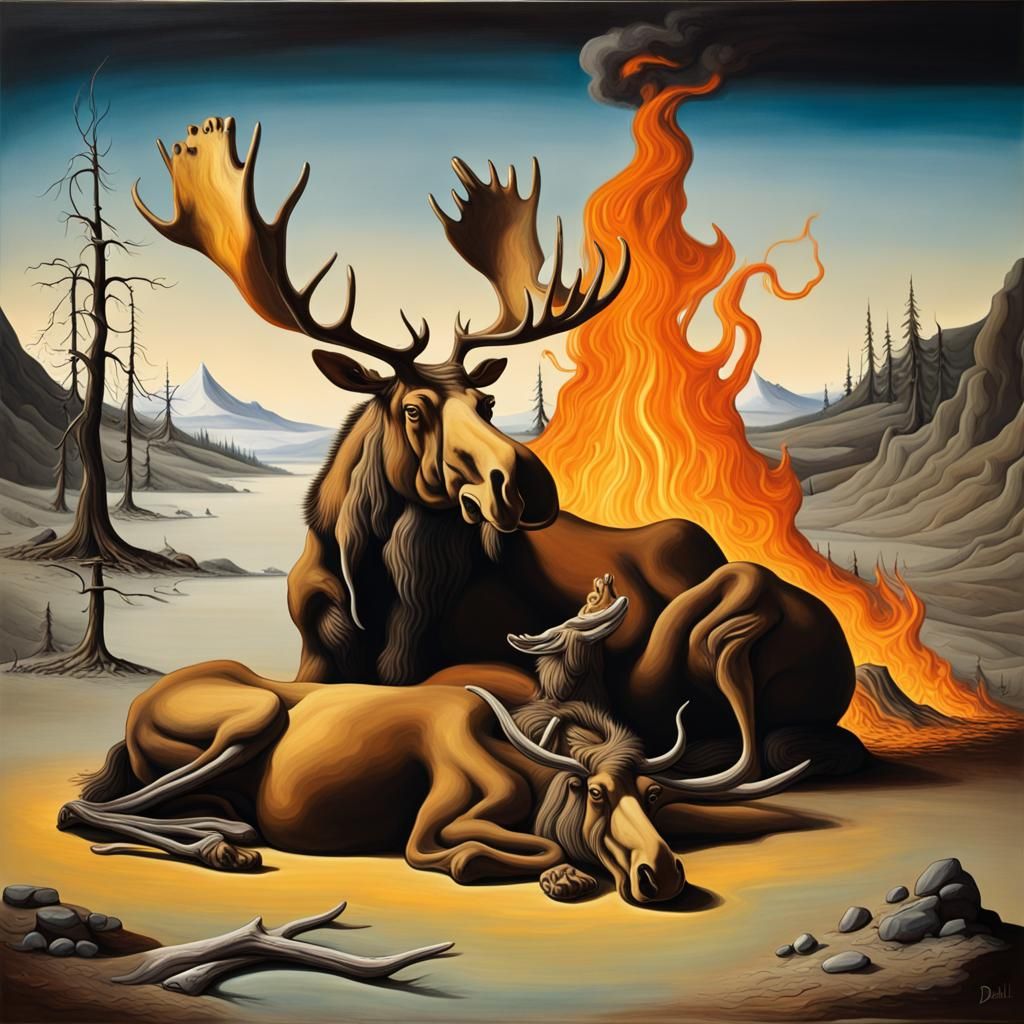 Mammoth and Moose Cuddling: A Surrealist Oil Painting