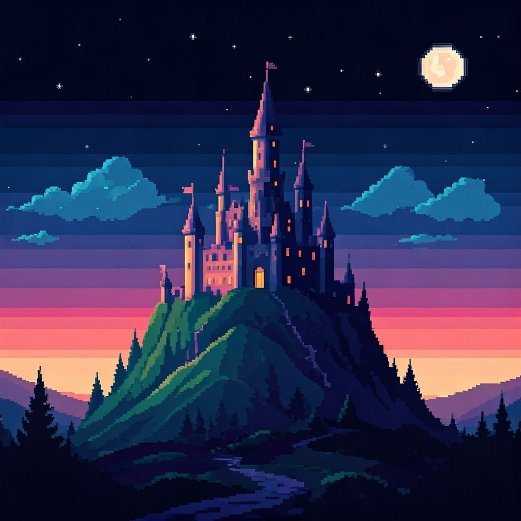 Pixel Art Castle on Hill Under Starry Night