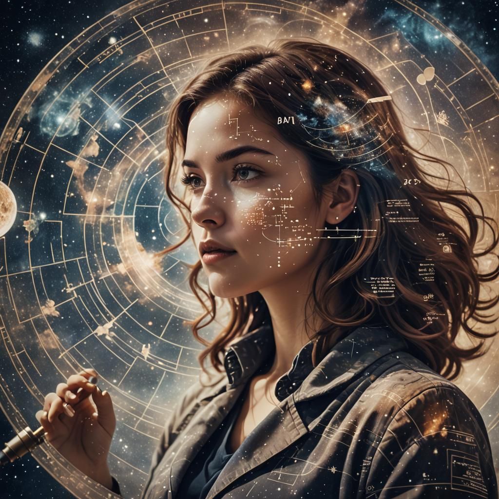 Cosmic Equations: Woman Exploring Universe Double Exposure
