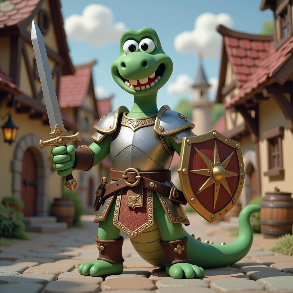 Claymation Snake Paladin in Fantasy Village