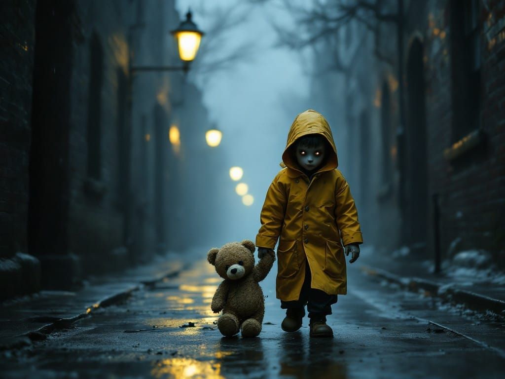 Eerie Boy Dragging Tattered Teddy Bear Through Desolate Alle...