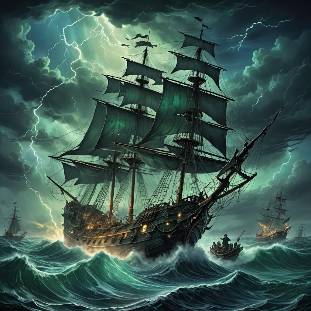 Ghostly Pirate Ship in Stormy Seas: Dark Fantasy Art