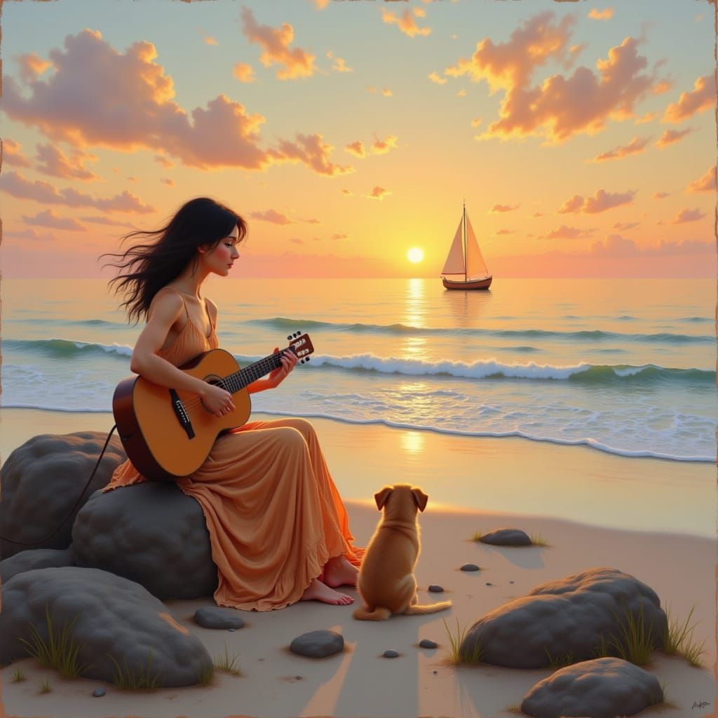 Sunset Beach Serenade: Woman, Dog, and Guitar