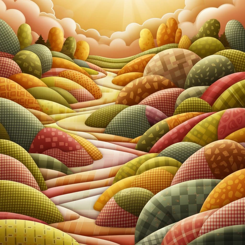 Gingham Tapestry Landscape in Vibrant Colors