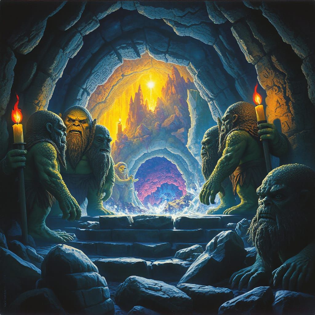 Imposing Stone Trolls Guard a Crystal Cavern