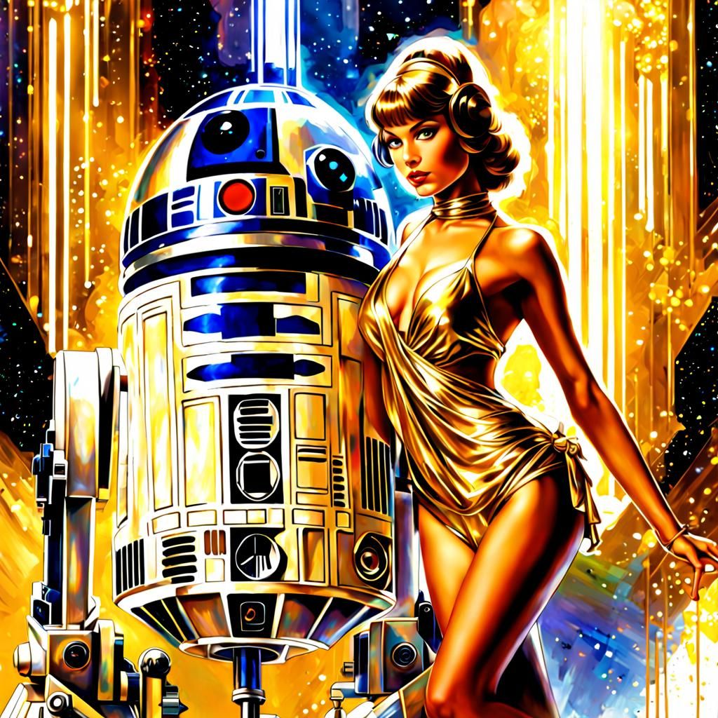 R2D2 Hologram: Gold Bikini Girls in Star Wars Style