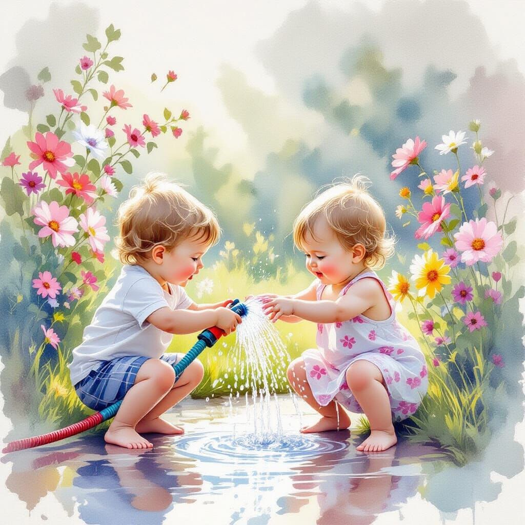 Ethereal Watercolour of Children Playing with Water Hose