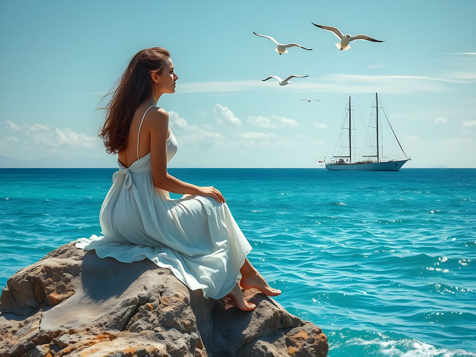Woman Gazing at Yacht, Hyperrealistic Seascape