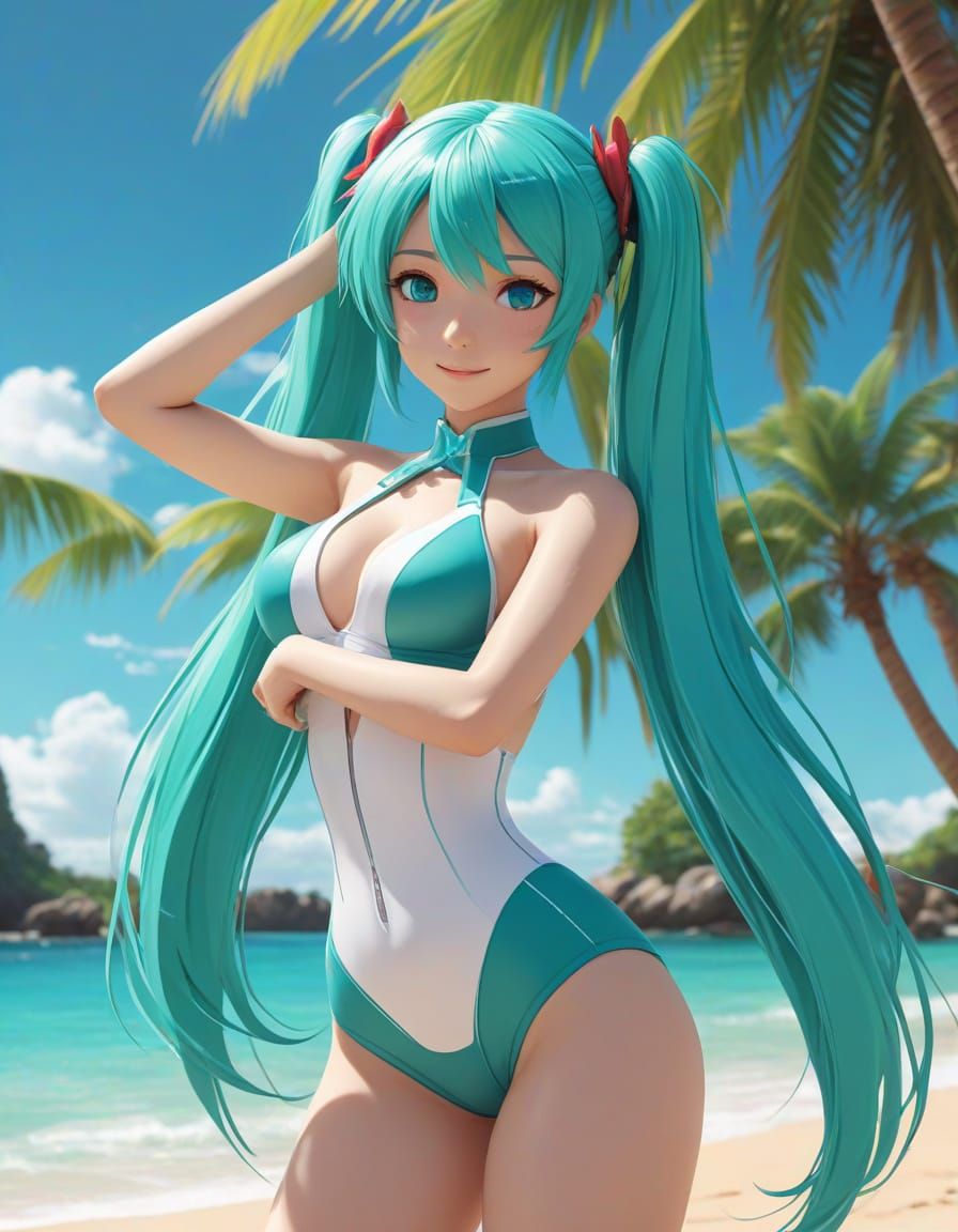 Vibrant Tropical Beach Scene with Hatsune Miku in a Teal Swi...