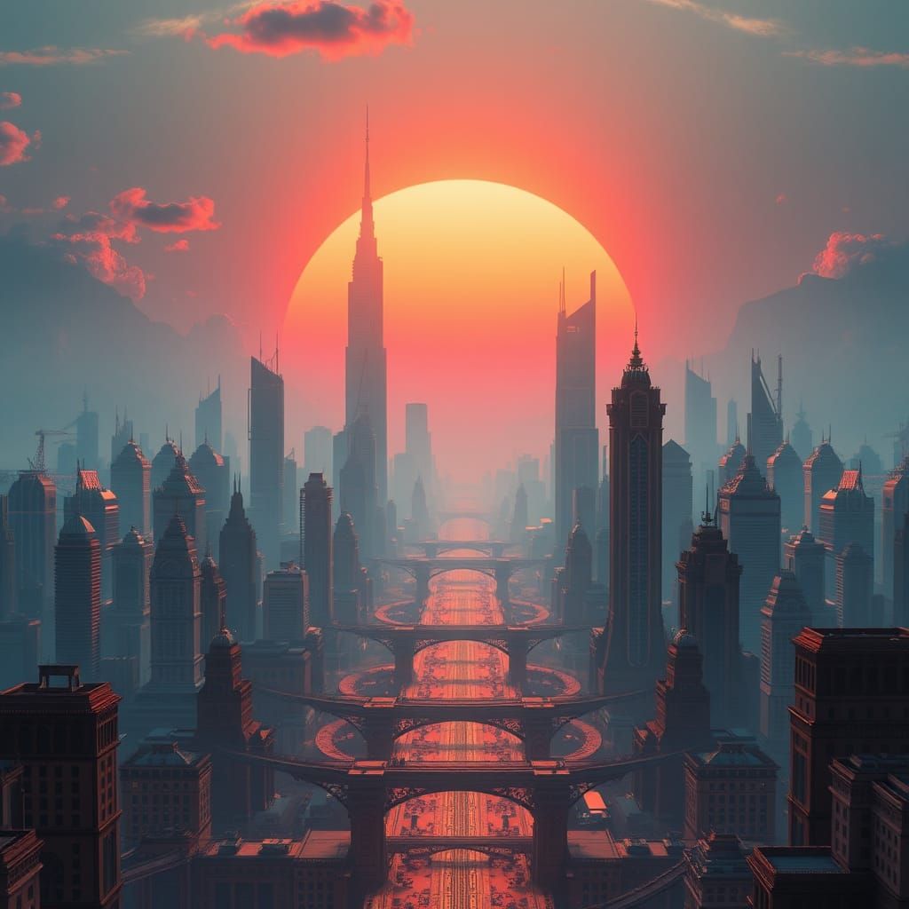 Metropolis Sunset in Sci-Fi Style