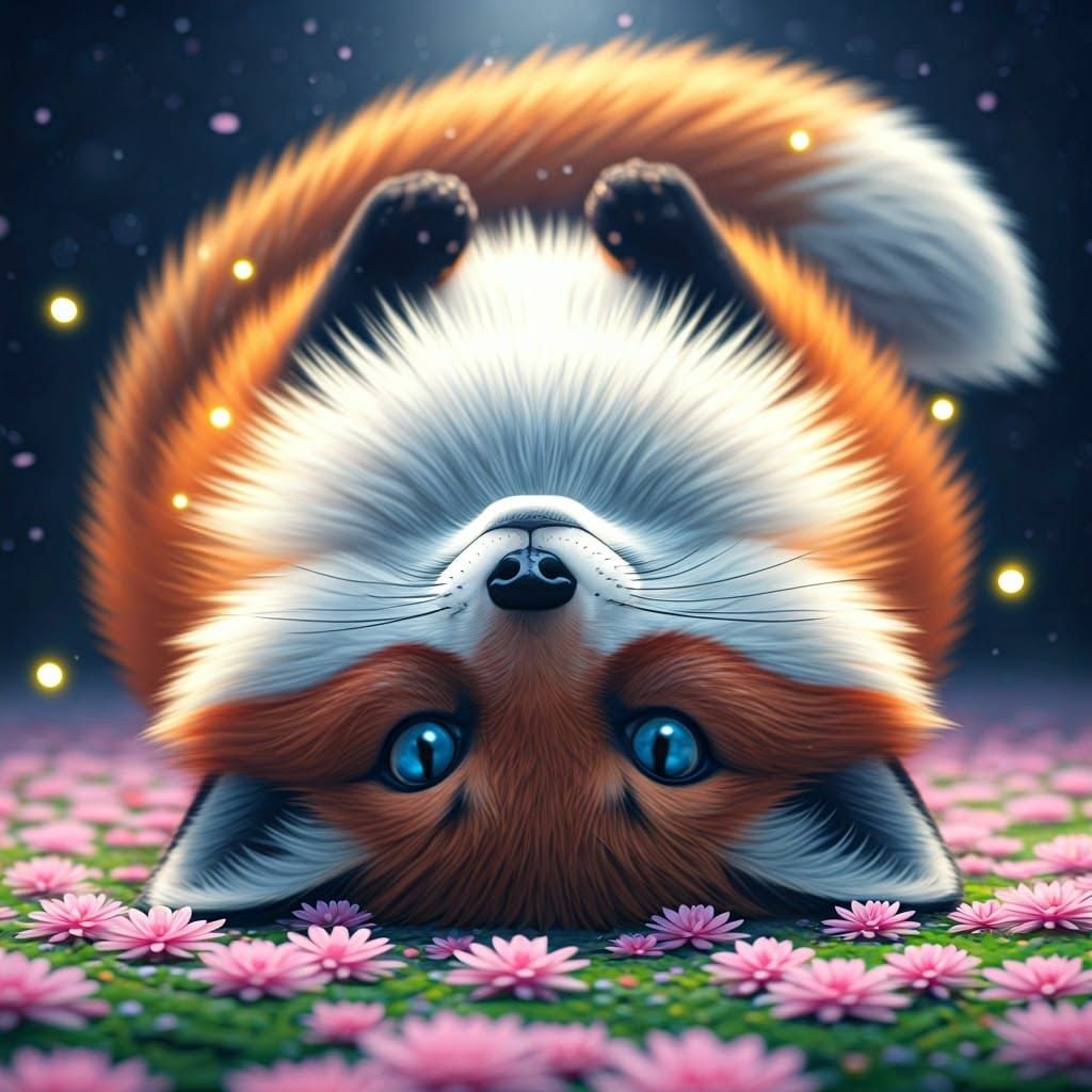 A happy red fox laying upside down over the ground.