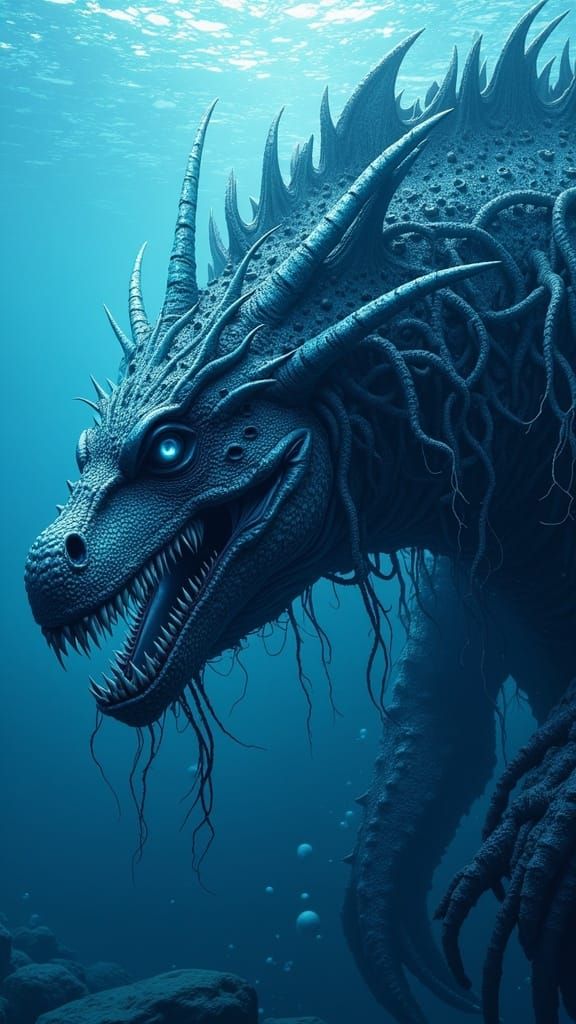 Mysterious Deep-Sea Creature Emerges from Dark Blue Gradient