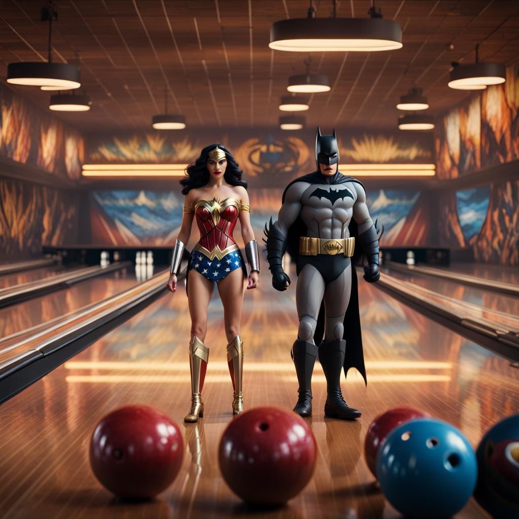 Batman and Wonder Woman Bowling: Detailed Matte Painting