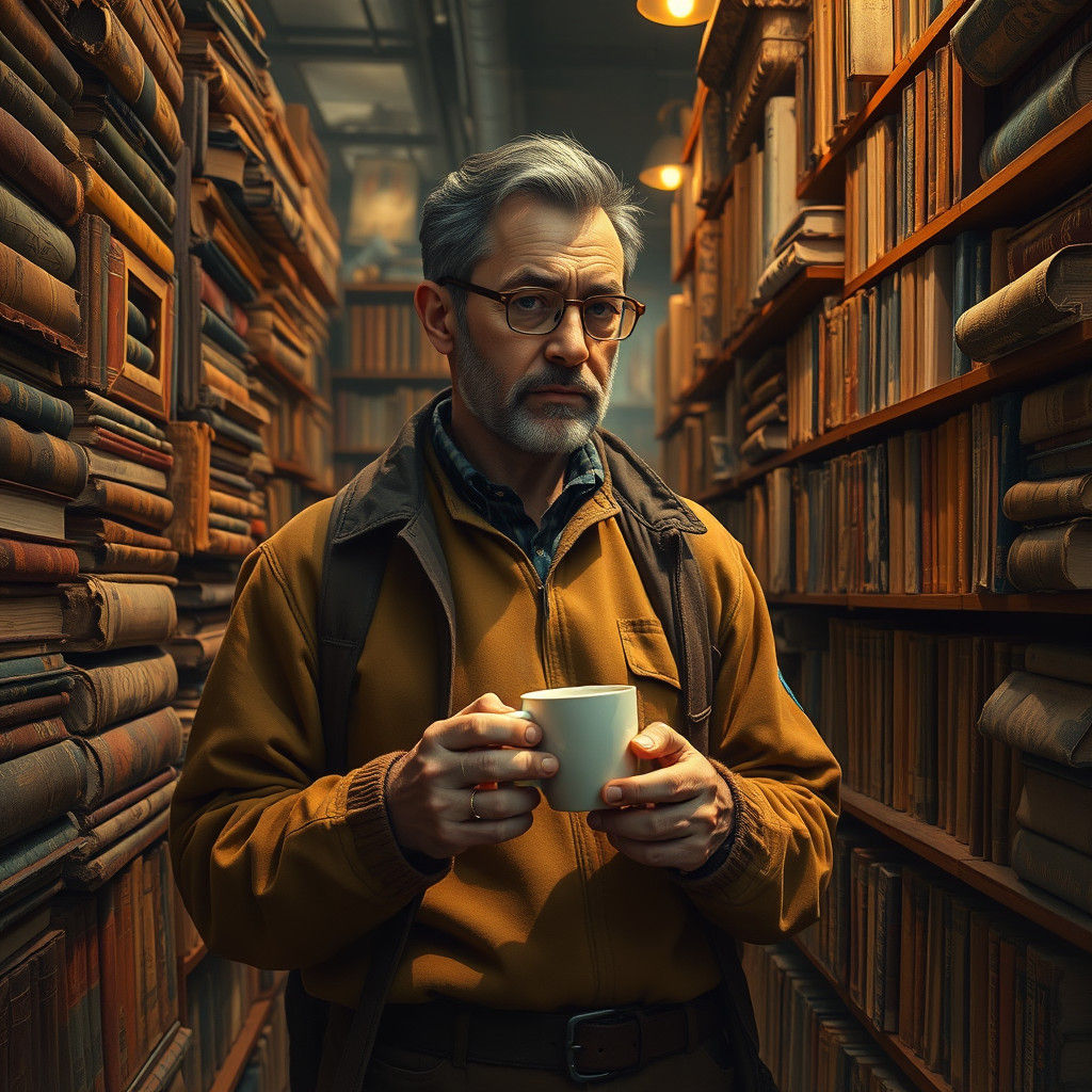 Man Searches Books in Cozy Bookstore, Classical Painting