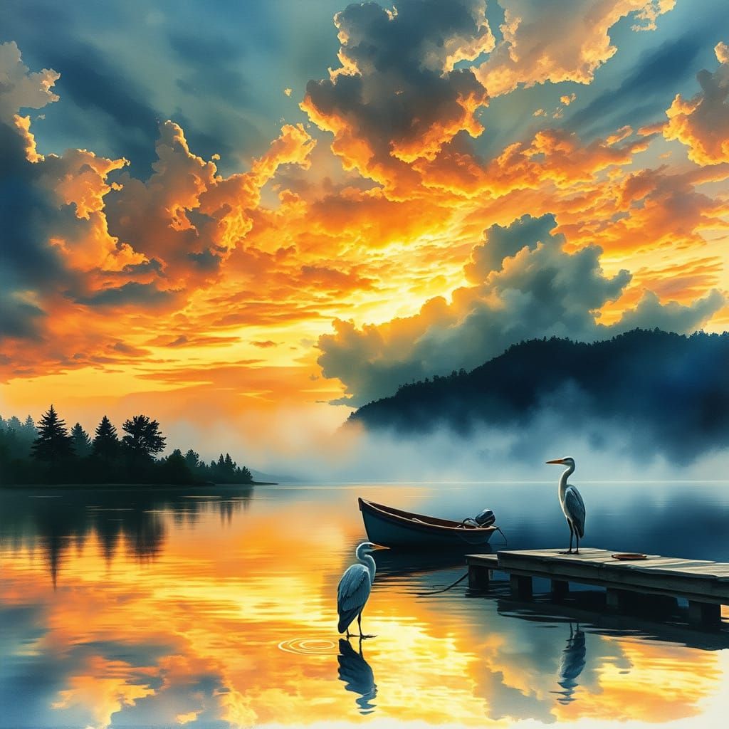 Surreal Sunset Lake Scene in Vibrant Digital Art