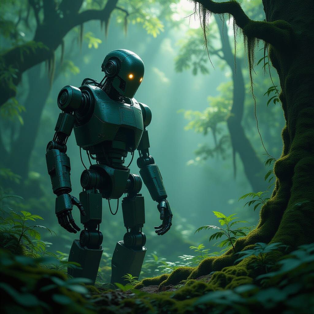 Ancient Robot in Overgrown Forest, Hyperrealistic Style
