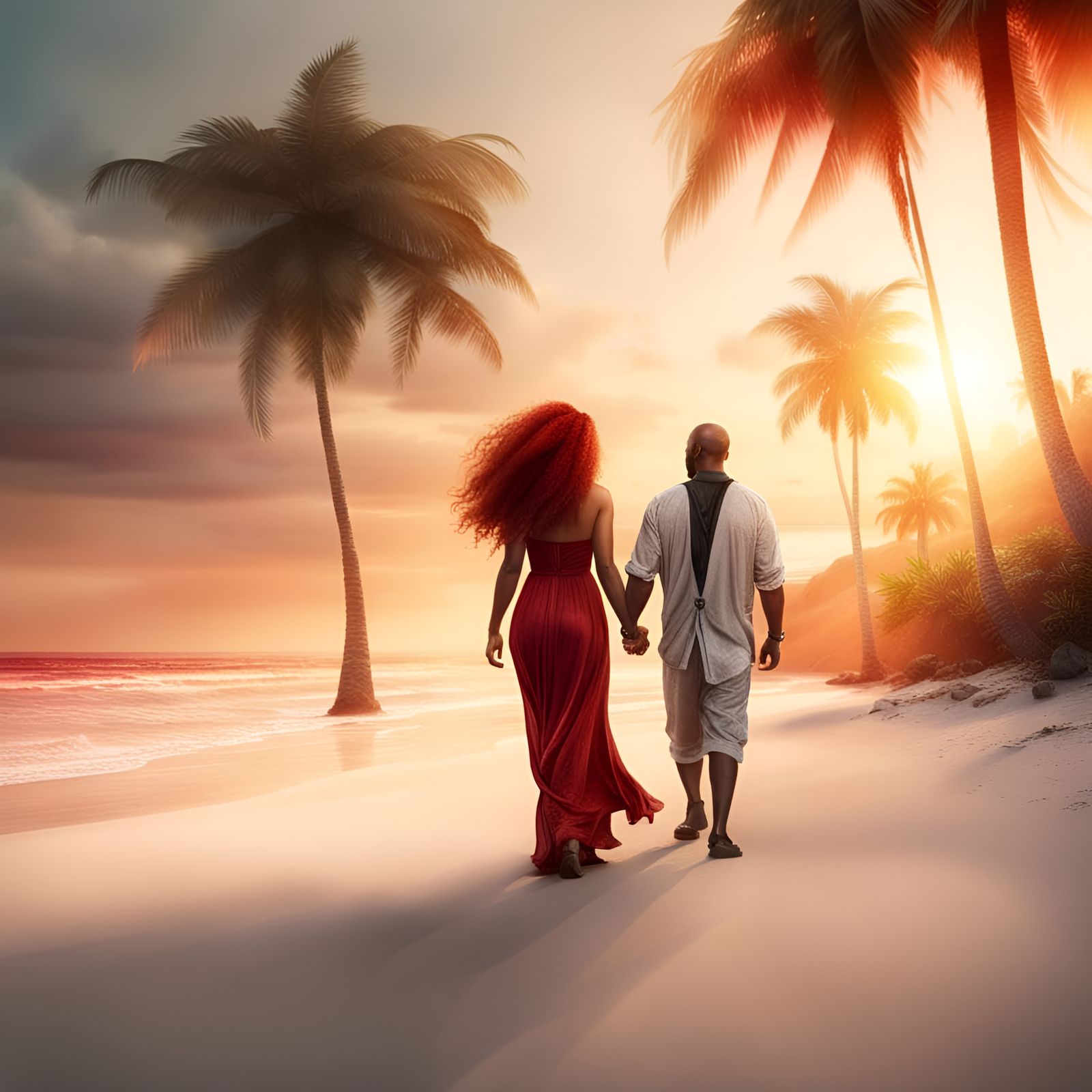 Romantic Sunset Beach Walk: Detailed Fantasy Art