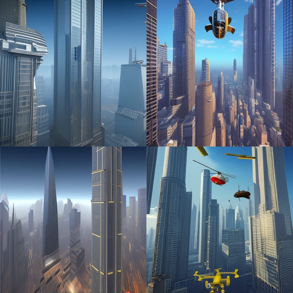 Steampunk Skyscrapers with Helicopters, Precisionism Composi...