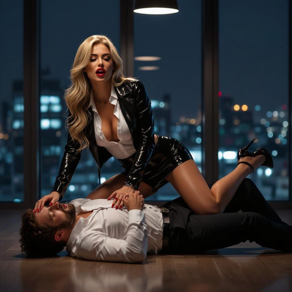 Passionate Encounter in Office at Night: Realistic Scene