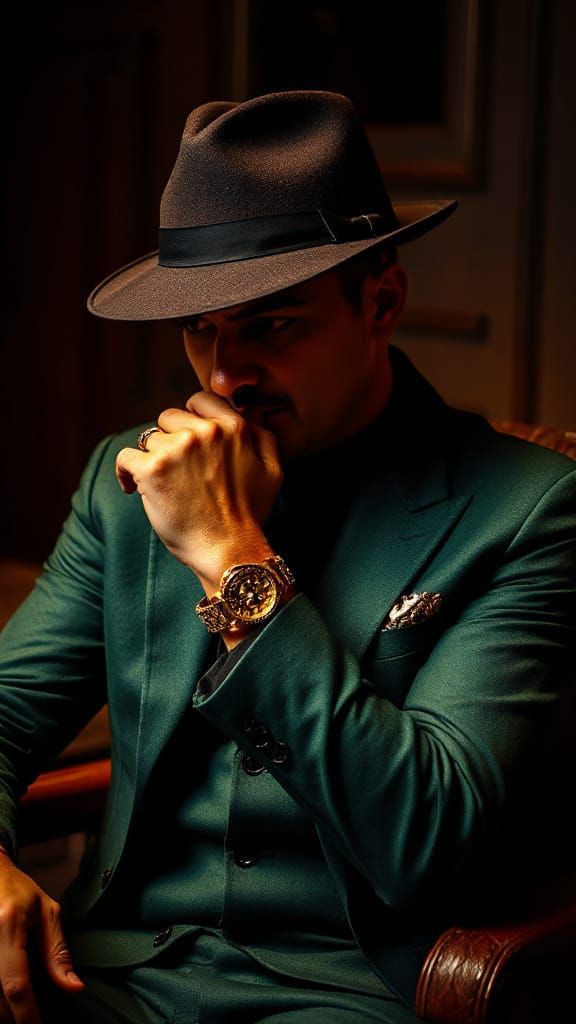 Enigmatic Gentleman in Emerald Luxury, Noir-Inspired