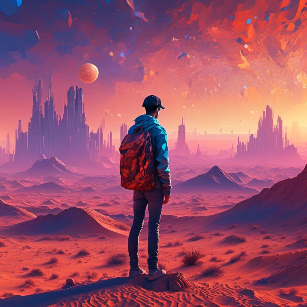 Solitary Figure in Glitching Desert Landscape