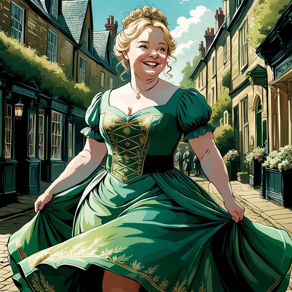 Happy Green Dress in Comic Book Art Style
