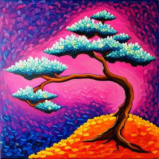 Pink Bonsai Tree in Expressionist Oil Painting Style