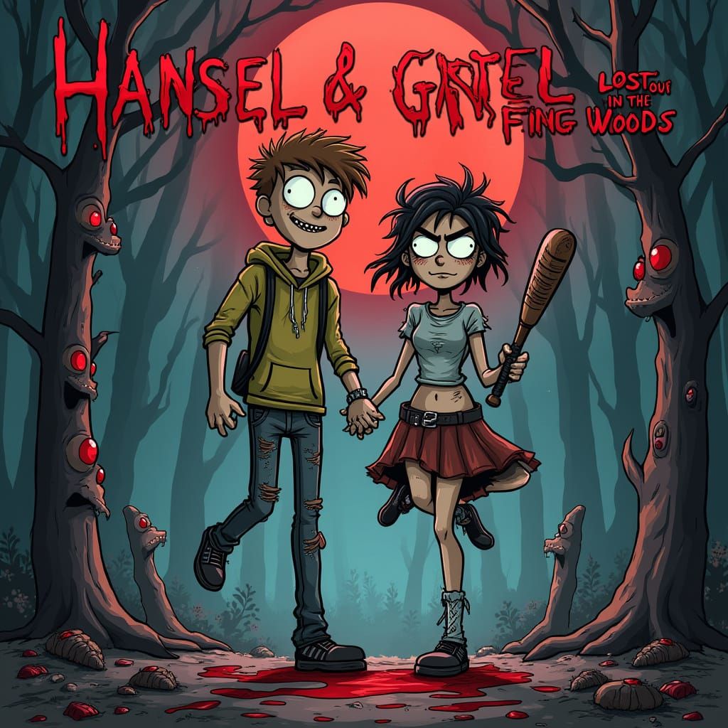 Grimy Cartoon Hansel & Gretel Defy the Fing Woods