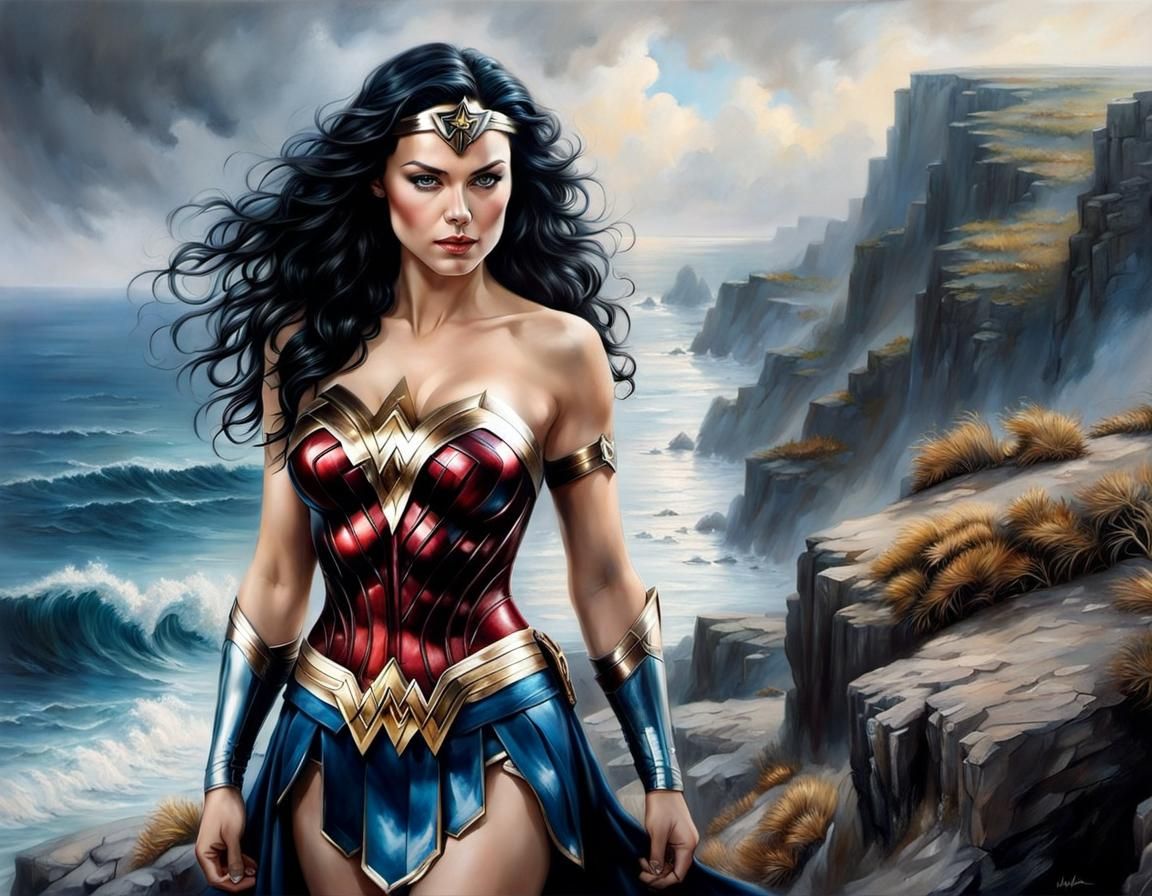 Wonder Woman on Cliff, Hyperrealistic Painting