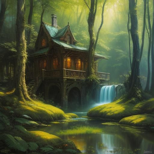 Mystical Forest Gathering: Surreal Oil Painting