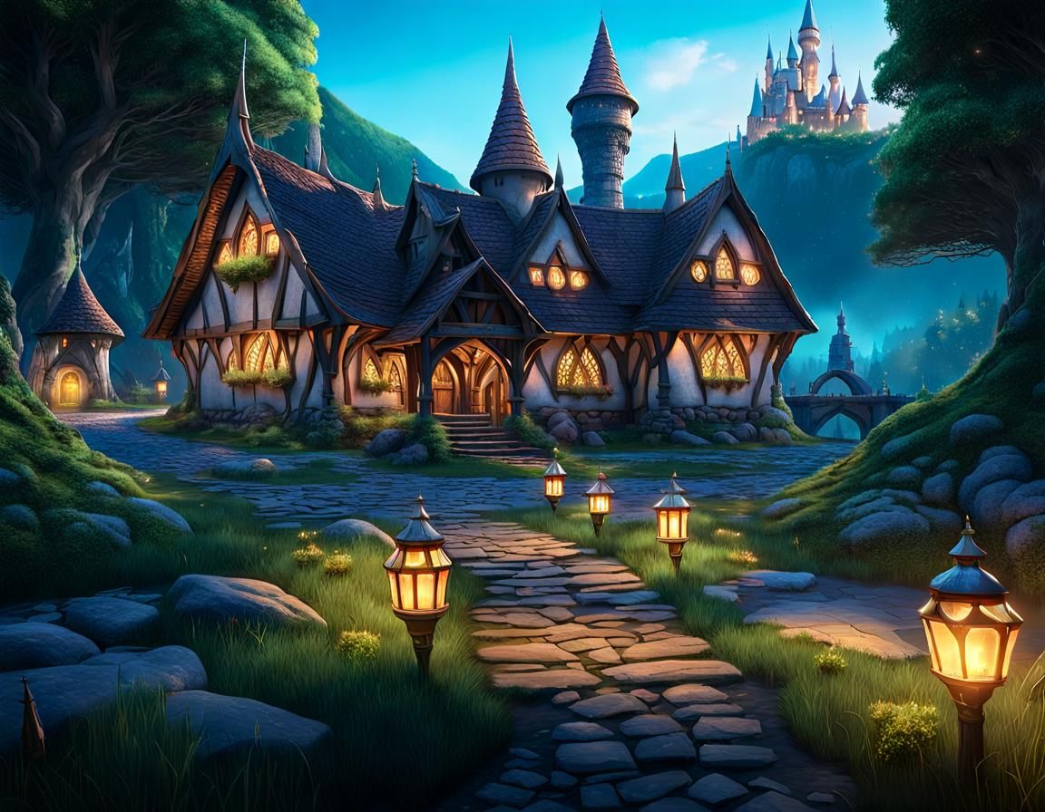 Enchanted Forest Inn Crossroads: Photorealistic Fantasy