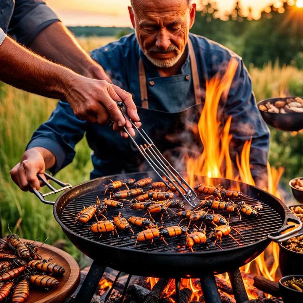Chef Roasts Insects on Grill in Cinematic Photo