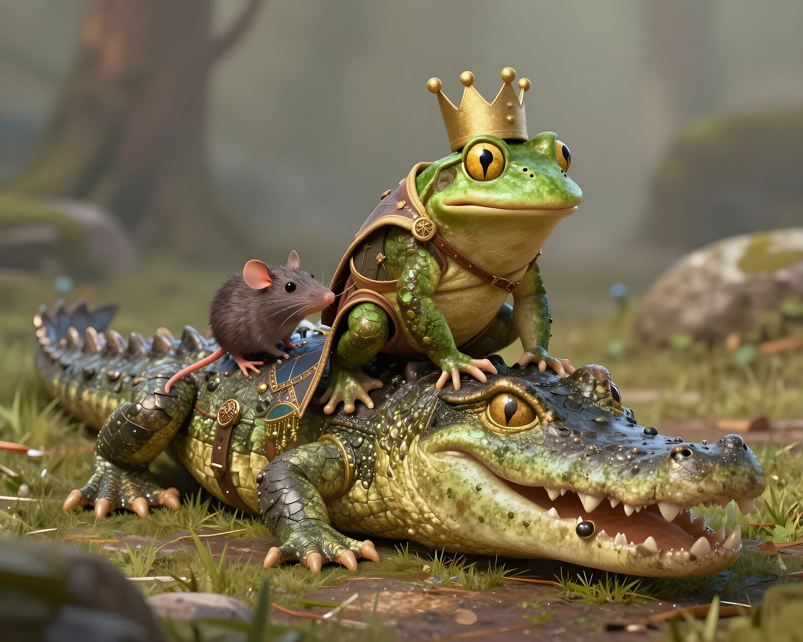 Prince Frog Rides Rat Battling Crocodile in 3D Cartoon Style