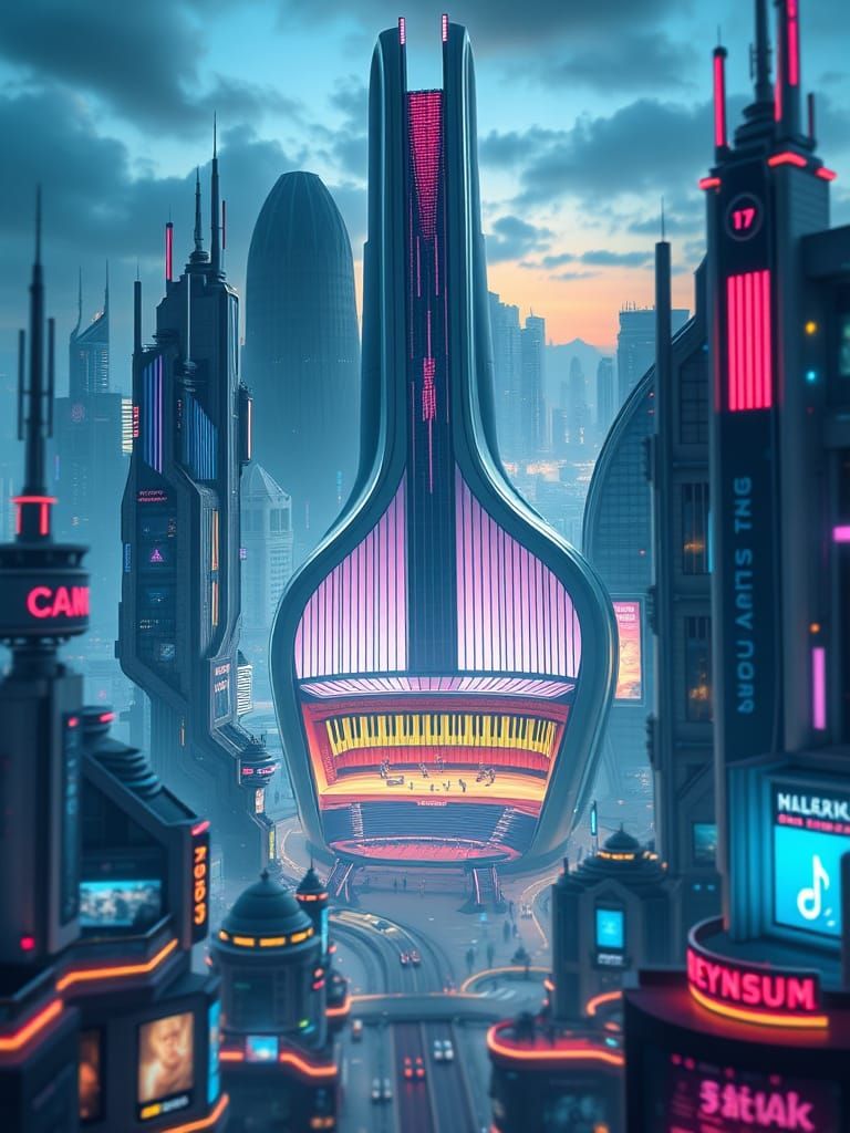 A futuristic cityscape where buildings are shaped like giant...