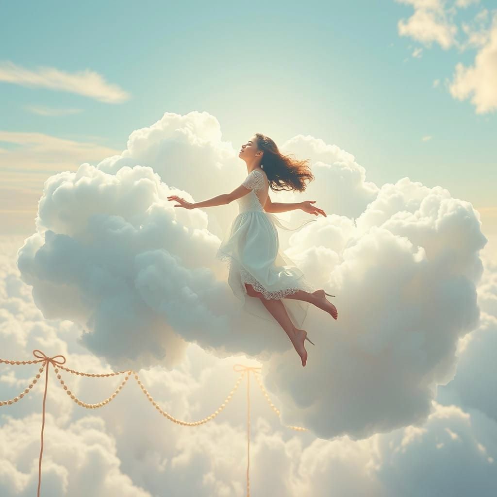 Floating Lady in Cosmic Clouds, a Surrealistic Masterpiece