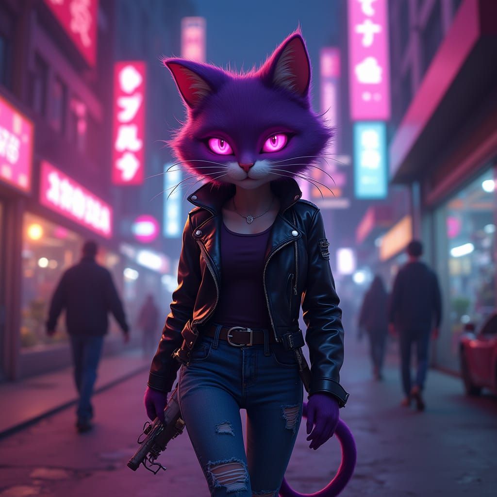 Cyberpunk Cheshire Cat in Neon Cityscape