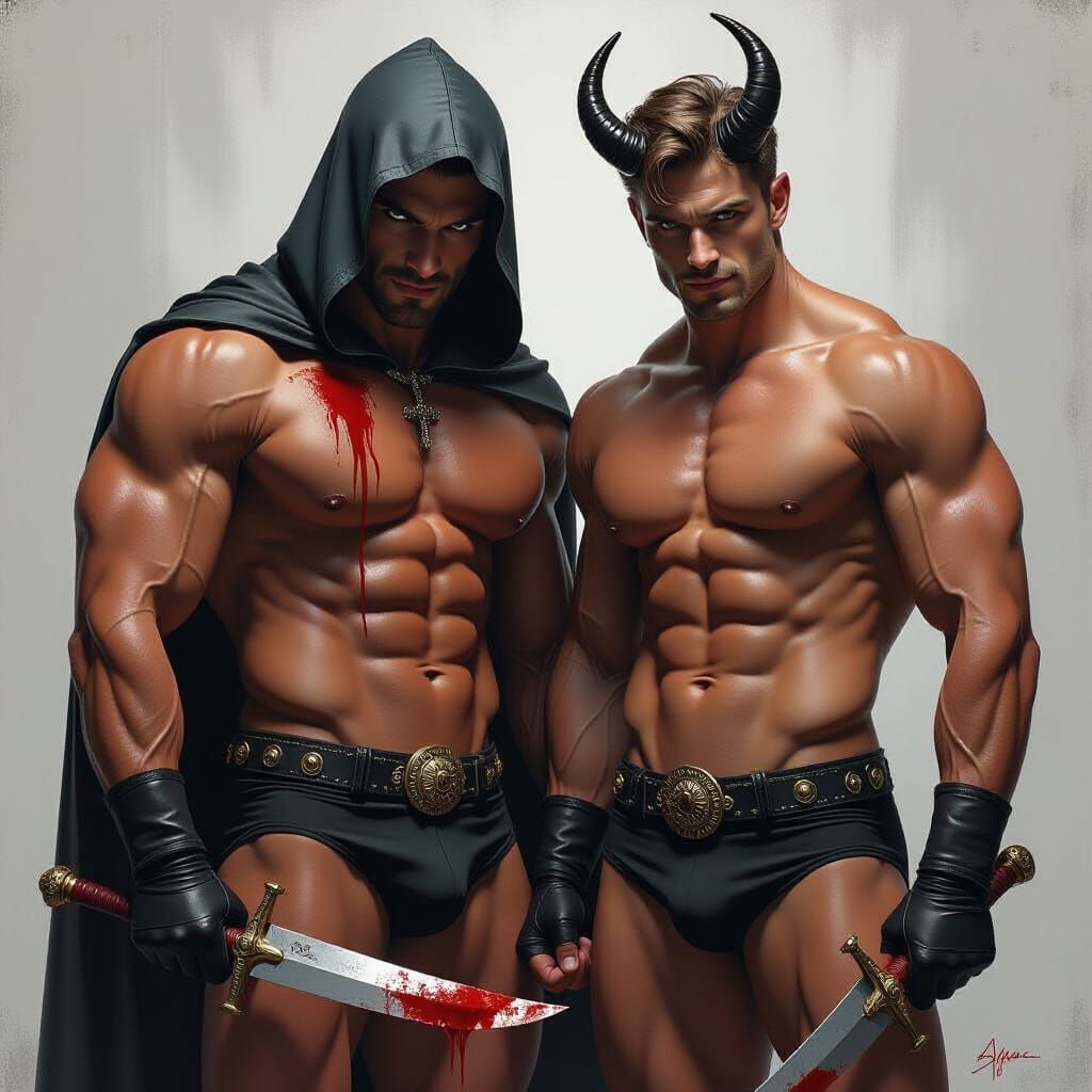 Menacing Duo in Underwear with Veiled Faces and Knives