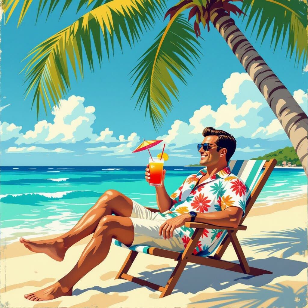 Vintage Style Beach Scene with Man in Hawaiian Shirt