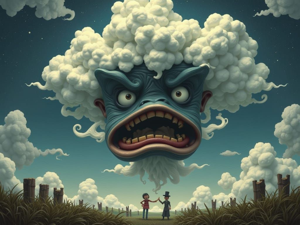 Grumpy Claymation Face Yelling From Cloudy Sky