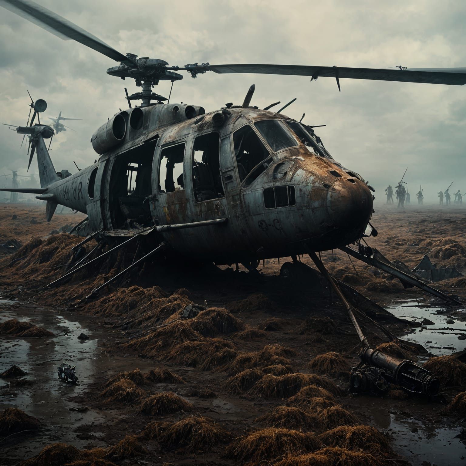 Crashed Military Helicopter in Scorched Field