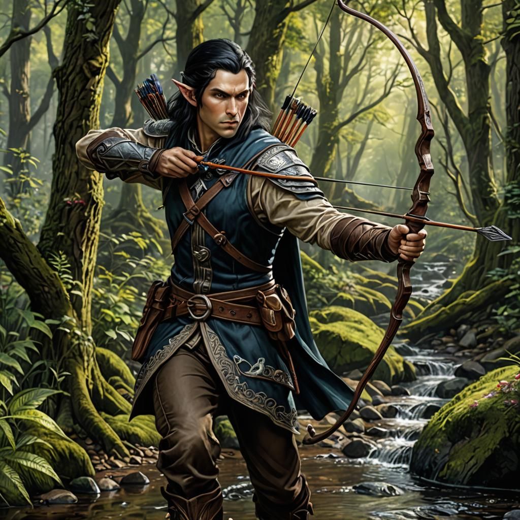 Half-Elf Ranger in Forest: Colored Pencil Drawing