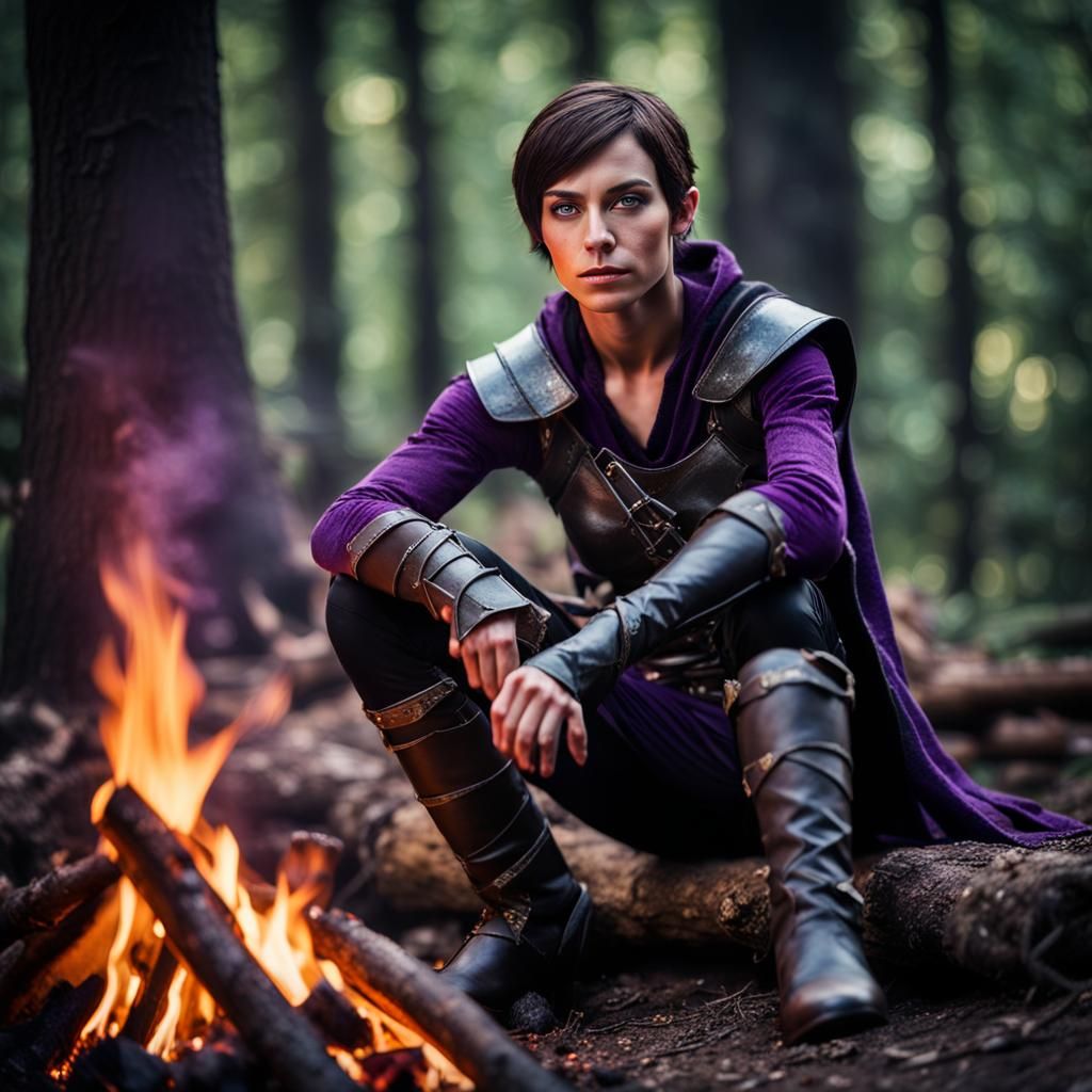 Half-Elf Rogue at Campfire in Fantasy Forest