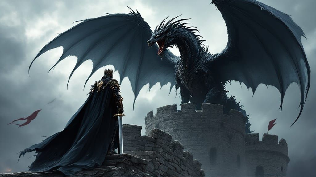 Fantasy King Stands Tall Amidst Majestic Black Dragon in Dar...