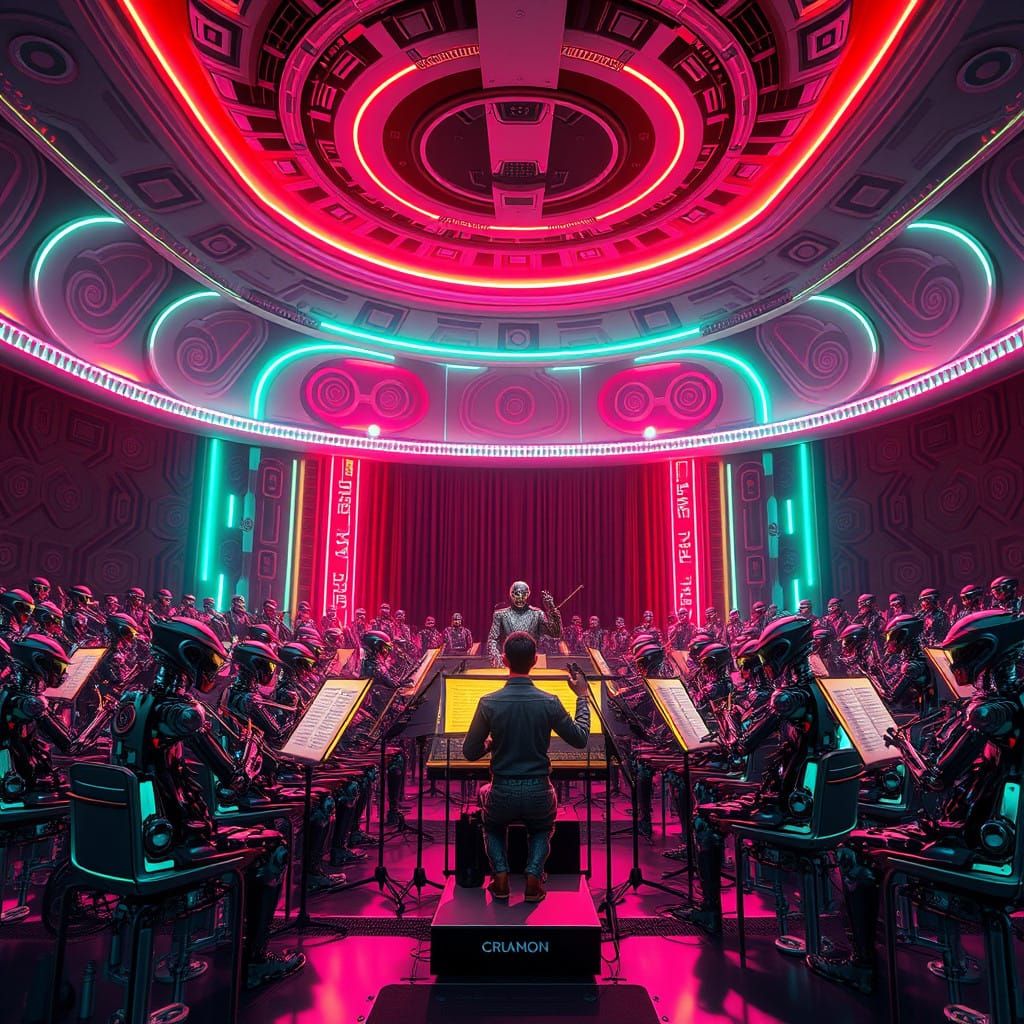 Visionary Robot Orchestra in Neon Futurism