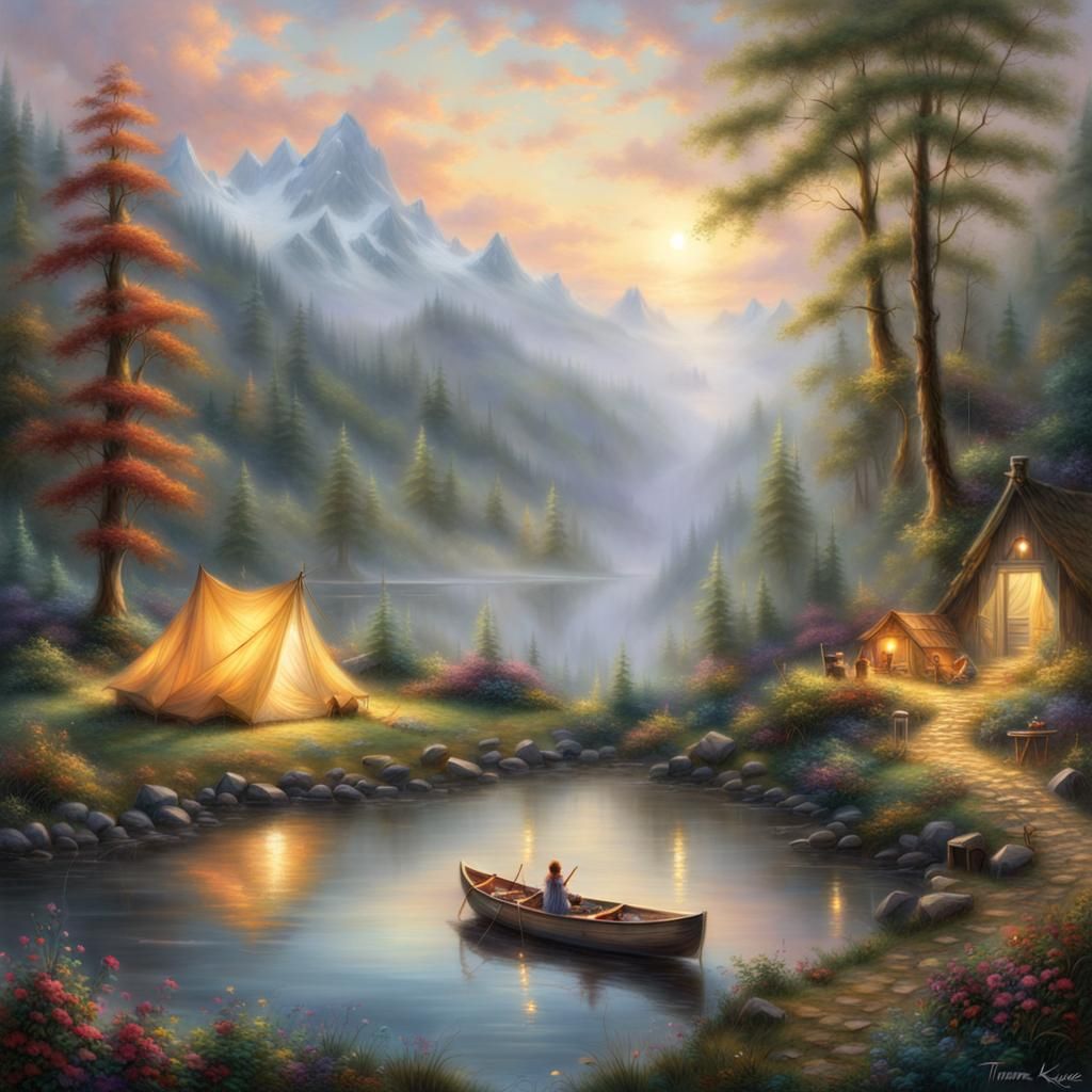Ethereal Fantasy Camping Spot in Kinkade Style