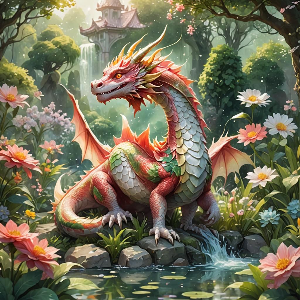 Cute Dragon in Garden, Anime-Style Fantasy Art