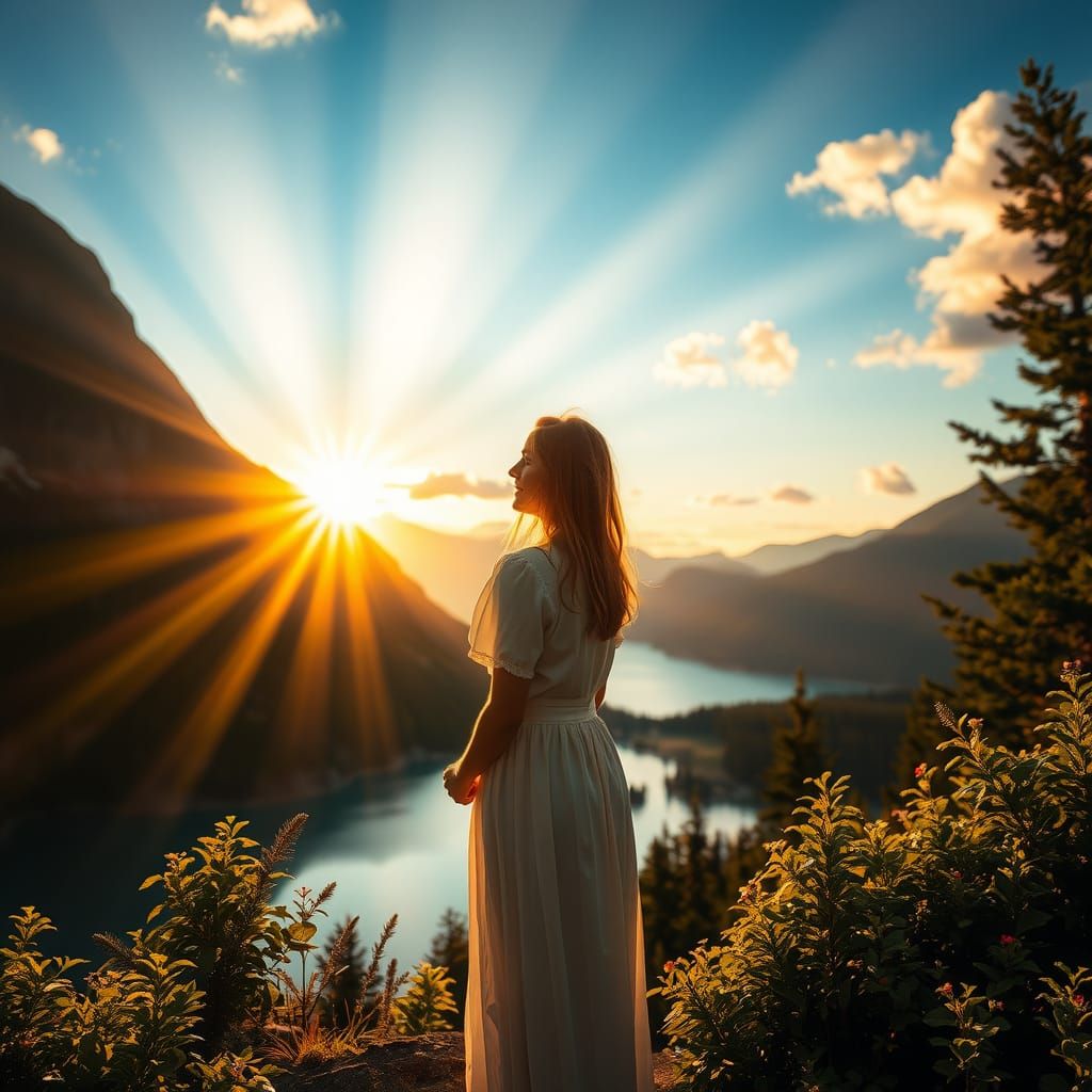 Woman at Mountain Lake in Golden Sunset
