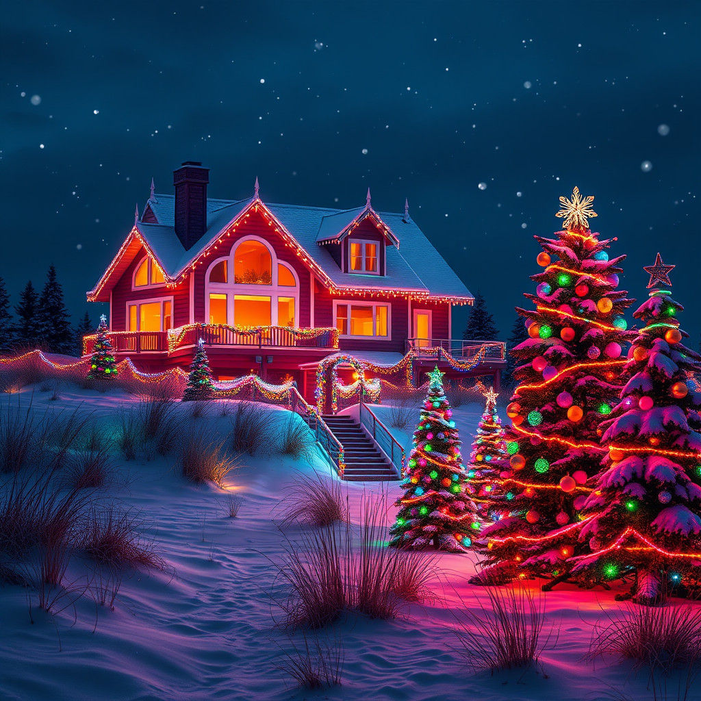 Ocean Home in Winter Beachscape with Holiday Lights